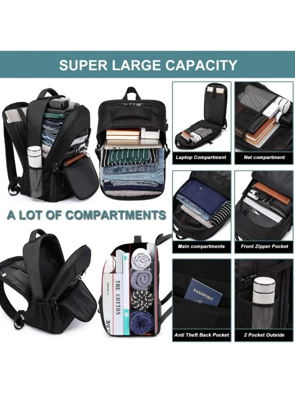 Water Resistant 50L Extra Large Travel Laptop Backpack with USB Port